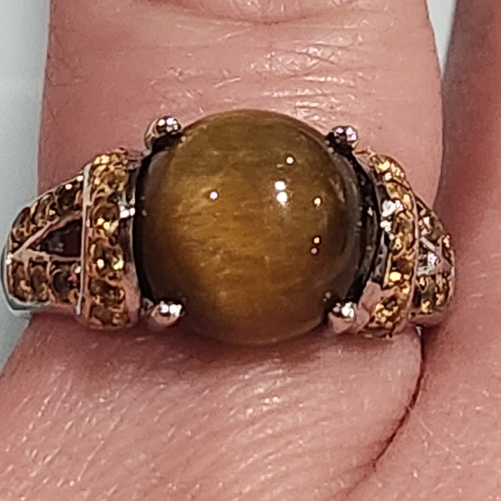 NWT JTV Tigers Eye Center With Yellow Accent Stones Sterling Silver Ring Size 6